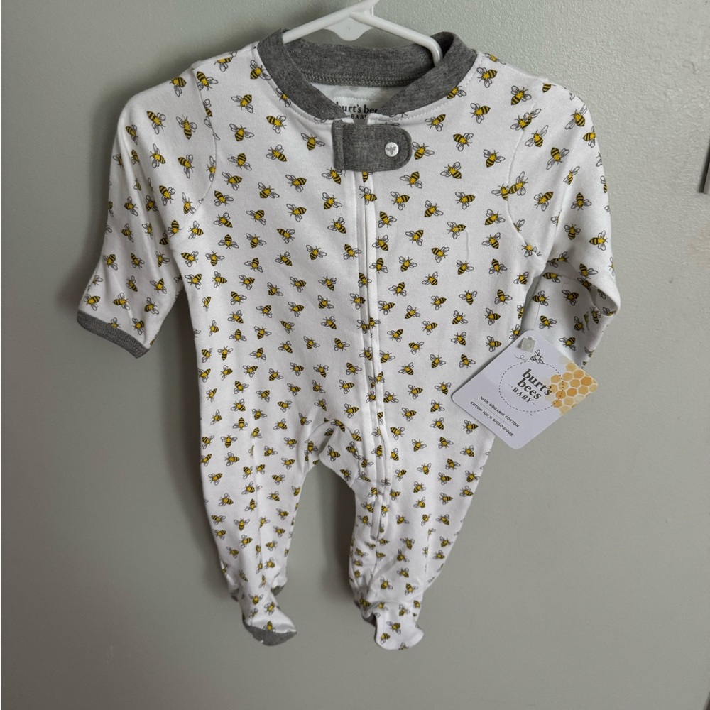 Burt's Bees White and Gray Footie One Piece- Newborn